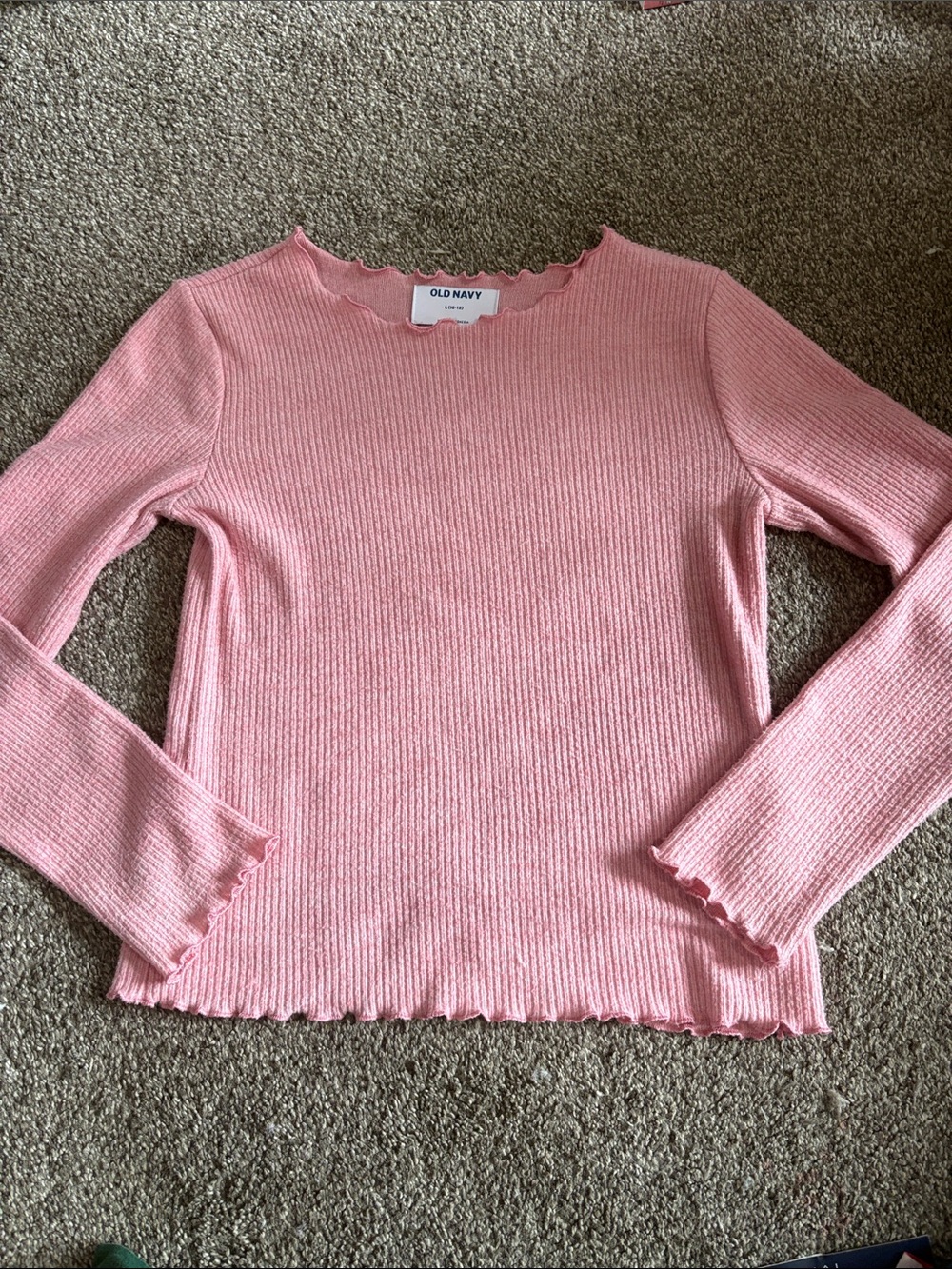 Old Navy Light Pink Ribbed Lettuce-Edge Long Sleeve Top